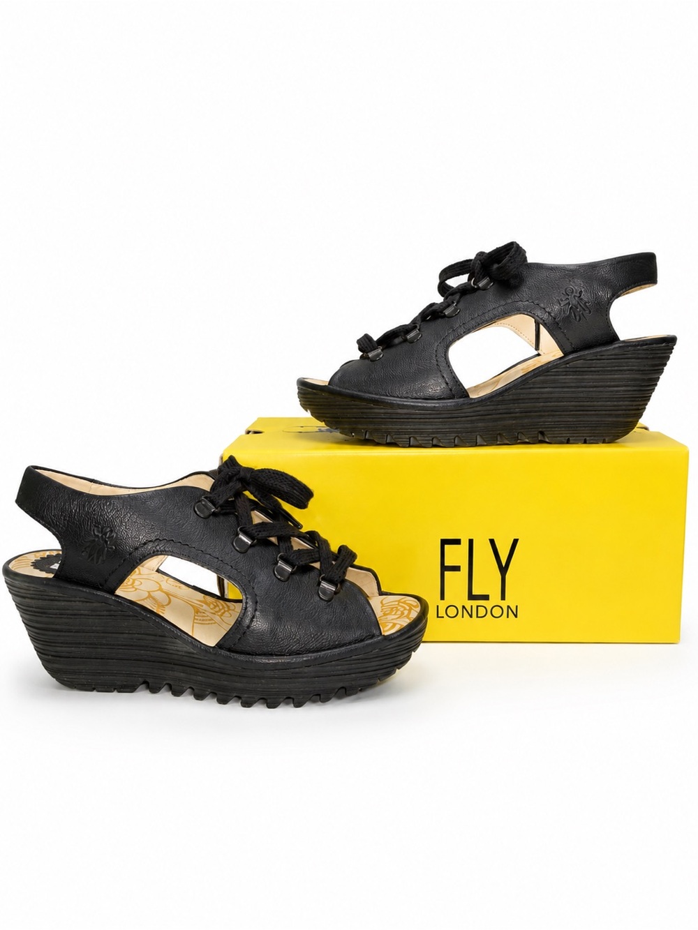 Fly London Mousse Black Lace-Up Wedge Sandals Women’s EU 38 US 7.5-8 Leather